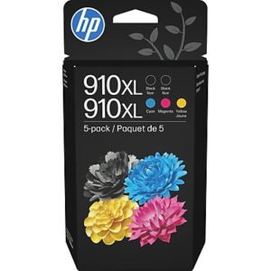 HP 910XL Black/Cyan/Magenta/Yellow High Yield Ink Cartridges, 5/Pack (6ZA558AN)